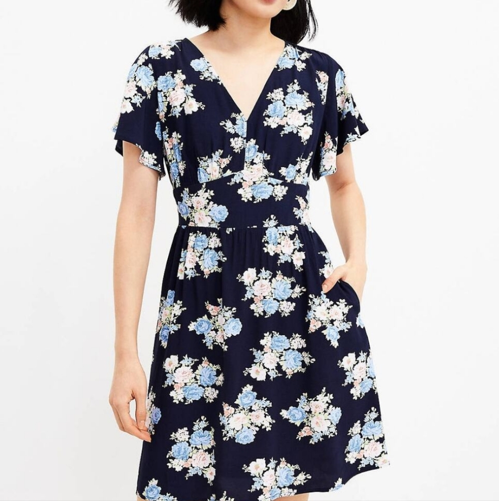 LOFT White and Blue Sundress with Flutter Sleeves
